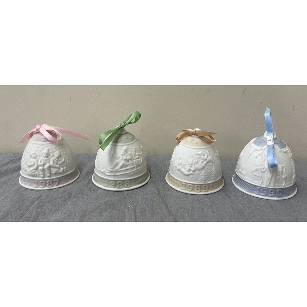 Set of 4 LLADRO Painted Porcelain Bells 1987, 1988, 1989, 1990 Christmas Charity